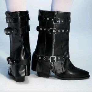 Sleek Black Buckle Strap Boots New